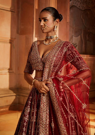 Nitika Gujral-Maroon Raw Silk Lehenga Set-INDIASPOPUP.COM