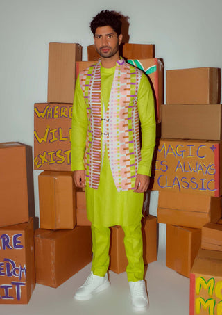 Nirmooha Men-Green Neon Kurta Bundi Set-INDIASPOPUP.COM