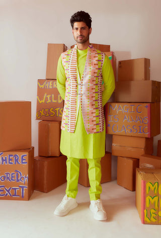 Nirmooha Men-Green Neon Kurta Bundi Set-INDIASPOPUP.COM