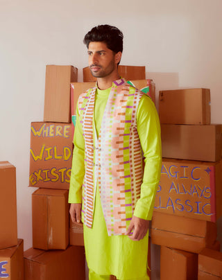 Nirmooha Men-Green Neon Kurta Bundi Set-INDIASPOPUP.COM