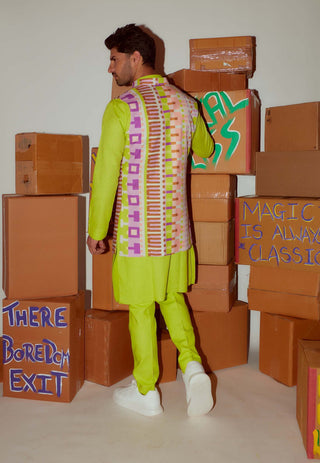 Nirmooha Men-Green Neon Kurta Bundi Set-INDIASPOPUP.COM