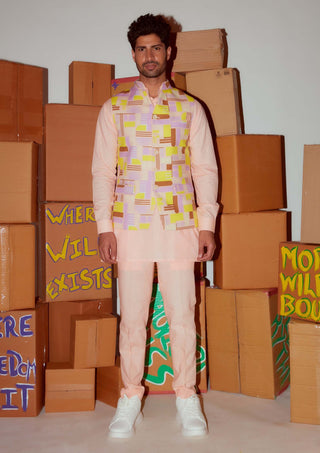 Nirmooha Men-Peach Kurta Bundi Set-INDIASPOPUP.COM