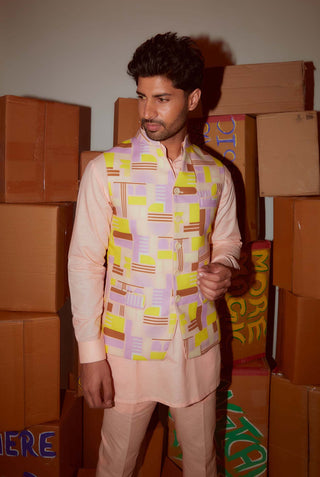 Nirmooha Men-Peach Kurta Bundi Set-INDIASPOPUP.COM