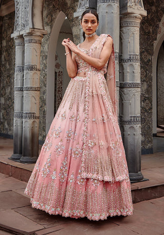 Nitika Gujral-Rose Ombrey Organza Lehenga Set-INDIASPOPUP.COM