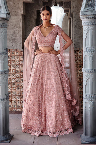 Nitika Gujral-Dusty Coral Tulle Lehenga Set-INDIASPOPUP.COM