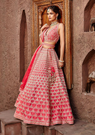 Nitika Gujral-Coral Raw Silk Lehenga Set-INDIASPOPUP.COM
