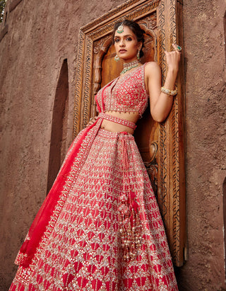 Nitika Gujral-Coral Raw Silk Lehenga Set-INDIASPOPUP.COM
