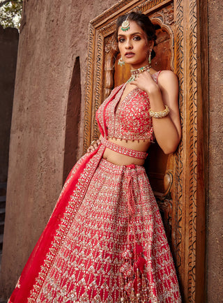 Nitika Gujral-Coral Raw Silk Lehenga Set-INDIASPOPUP.COM