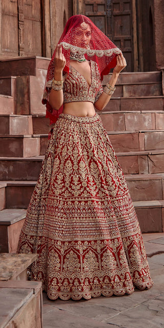 Nitika Gujral-Blood Red Velvet Dori Lehenga Set-INDIASPOPUP.COM