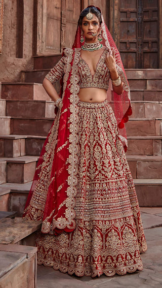 Nitika Gujral-Blood Red Velvet Dori Lehenga Set-INDIASPOPUP.COM