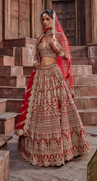 Nitika Gujral-Blood Red Velvet Dori Lehenga Set-INDIASPOPUP.COM