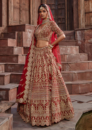 Nitika Gujral-Blood Red Velvet Dori Lehenga Set-INDIASPOPUP.COM