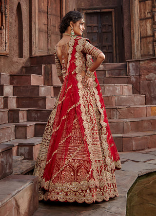 Nitika Gujral-Blood Red Velvet Dori Lehenga Set-INDIASPOPUP.COM