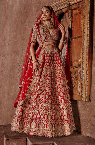 Nitika Gujral-Deep Red Raw Silk Lehenga Set-INDIASPOPUP.COM