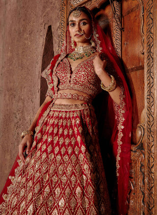 Nitika Gujral-Deep Red Raw Silk Lehenga Set-INDIASPOPUP.COM