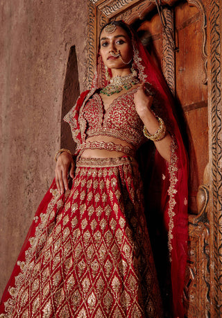 Nitika Gujral-Deep Red Raw Silk Lehenga Set-INDIASPOPUP.COM