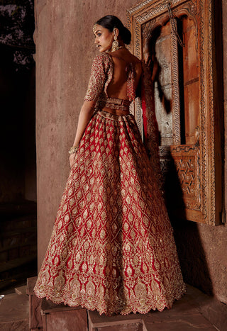 Nitika Gujral-Deep Red Raw Silk Lehenga Set-INDIASPOPUP.COM