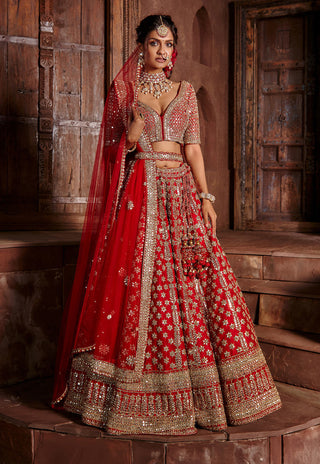 Nitika Gujral-Red Raw Silk Lehenga Set-INDIASPOPUP.COM