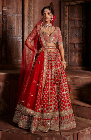 Nitika Gujral-Red Raw Silk Lehenga Set-INDIASPOPUP.COM