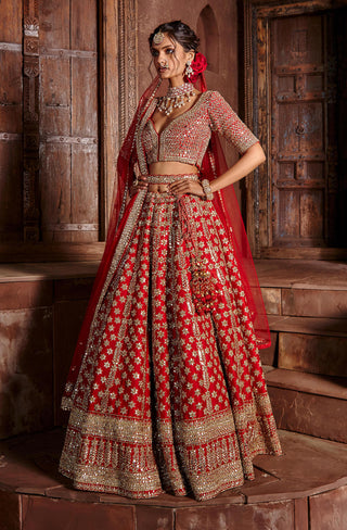 Nitika Gujral-Red Raw Silk Lehenga Set-INDIASPOPUP.COM