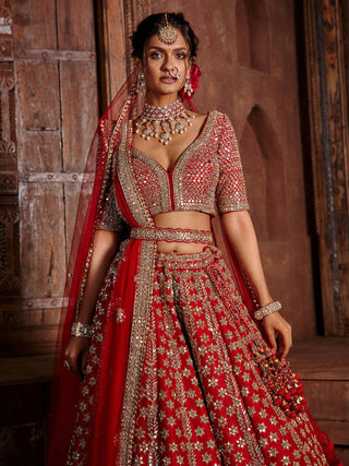 Nitika Gujral-Red Raw Silk Lehenga Set-INDIASPOPUP.COM