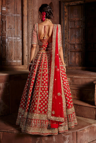 Nitika Gujral-Red Raw Silk Lehenga Set-INDIASPOPUP.COM
