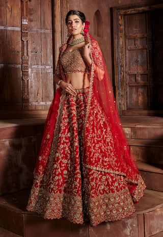 Nitika Gujral-Red Raw Silk Lehenga Set-INDIASPOPUP.COM