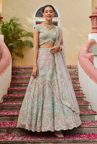 Osaa By Adarsh-Sea Green Organza Lehenga Set-INDIASPOPUP.COM