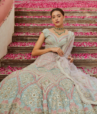 Osaa By Adarsh-Sea Green Organza Lehenga Set-INDIASPOPUP.COM