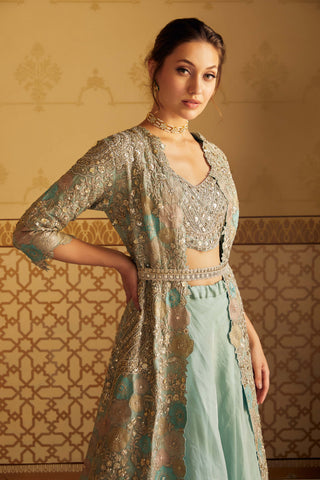 Osaa By Adarsh-Teal Hand Embroidered Jacket Skirt Set-INDIASPOPUP.COM