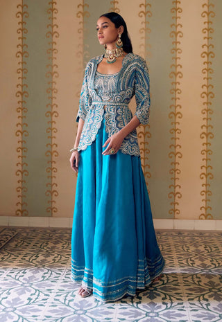 Osaa By Adarsh-Pine Green Jacket With Bottoms, Bustier And Belt-INDIASPOPUP.COM