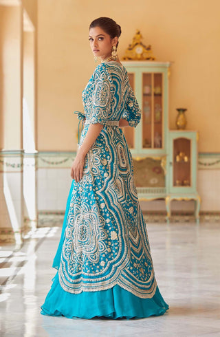 Osaa By Adarsh-Pine Green Jacket With Skirt, Bustier And Belt-INDIASPOPUP.COM