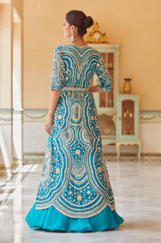 Osaa By Adarsh-Pine Green Jacket With Skirt, Bustier And Belt-INDIASPOPUP.COM