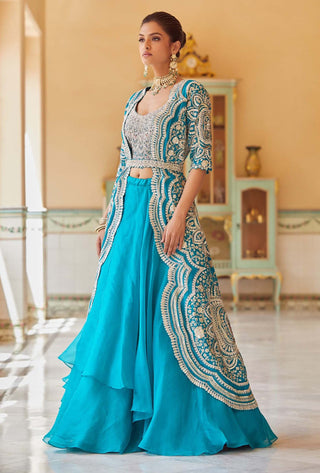 Osaa By Adarsh-Pine Green Jacket With Skirt, Bustier And Belt-INDIASPOPUP.COM