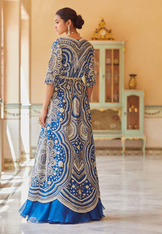 Osaa By Adarsh-Jade Blue Embroidered Jacket With Skirt, Bustier And Belt-INDIASPOPUP.COM