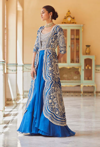 Osaa By Adarsh-Jade Blue Embroidered Jacket With Skirt, Bustier And Belt-INDIASPOPUP.COM