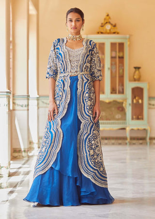 Osaa By Adarsh-Jade Blue Embroidered Jacket With Skirt, Bustier And Belt-INDIASPOPUP.COM