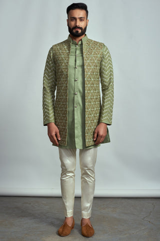 Arjun Kilachand-Olive Green Deconstructed Bundi Set-INDIASPOPUP.COM