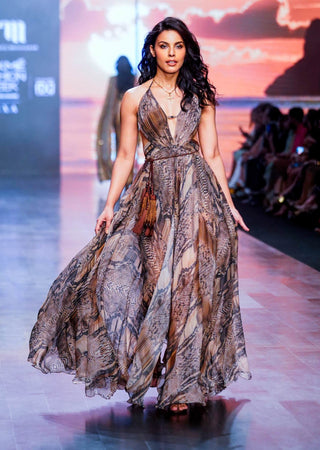 Nikita Mhaisalkar-Natural Python Print Maxi With High Slit-INDIASPOPUP.COM