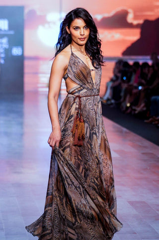 Nikita Mhaisalkar-Natural Python Print Maxi With High Slit-INDIASPOPUP.COM