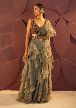 Parul And Preyanka-Teal Ruffle Embroidered Sari Set-INDIASPOPUP.COM