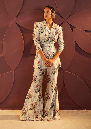 Parul And Preyanka-Grey Parisian Print Jacket And Pant Set-INDIASPOPUP.COM