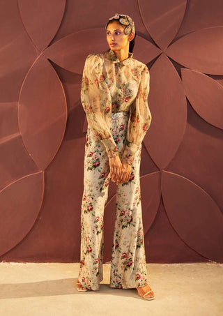 Parul And Preyanka-Grey Parisian Print Shirt And Flared Pant Set-INDIASPOPUP.COM