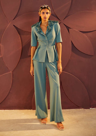 Parul And Preyanka-Teal Embroidered Jacket With Pant-INDIASPOPUP.COM