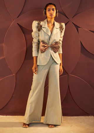 Parul And Preyanka-Sage Bow Blazer And Flared Pant-INDIASPOPUP.COM