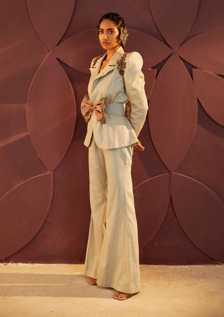 Parul And Preyanka-Sage Bow Blazer And Flared Pant-INDIASPOPUP.COM