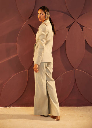 Parul And Preyanka-Sage Bow Blazer And Flared Pant-INDIASPOPUP.COM