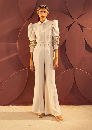 Parul And Preyanka-Ivory Applique Shirt With Flared Pant And Belt-INDIASPOPUP.COM