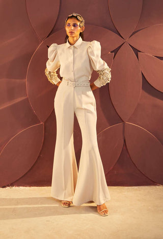 Parul And Preyanka-Ivory Applique Shirt With Flared Pant And Belt-INDIASPOPUP.COM