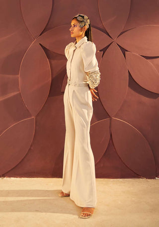 Parul And Preyanka-Ivory Applique Shirt With Flared Pant And Belt-INDIASPOPUP.COM